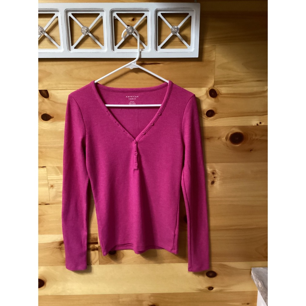 American Eagle Womens Henley Top Pink Waffle Knit Ribbed Long Sleeve V-Neck M